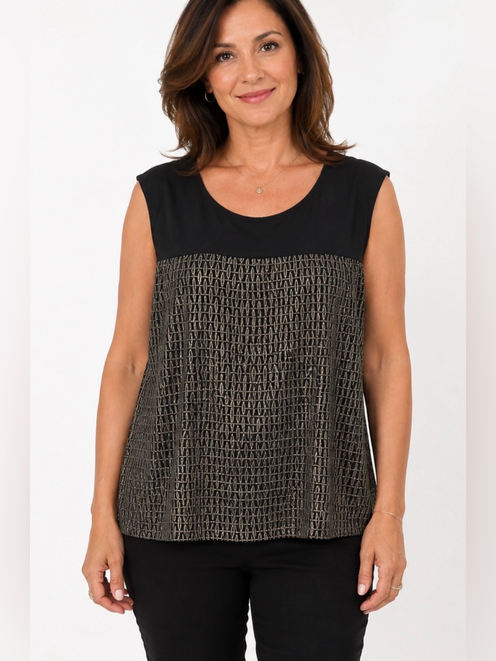 Calvin Klein Black & Metallic Textured Sleeveless Top – Size XL